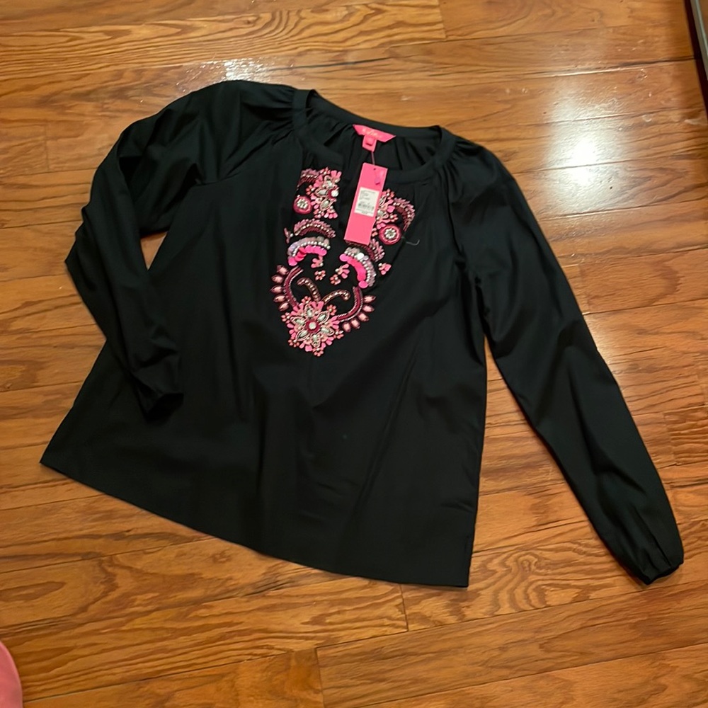 Lilly Pulitzer tunic Iva top in solid black with bead detail